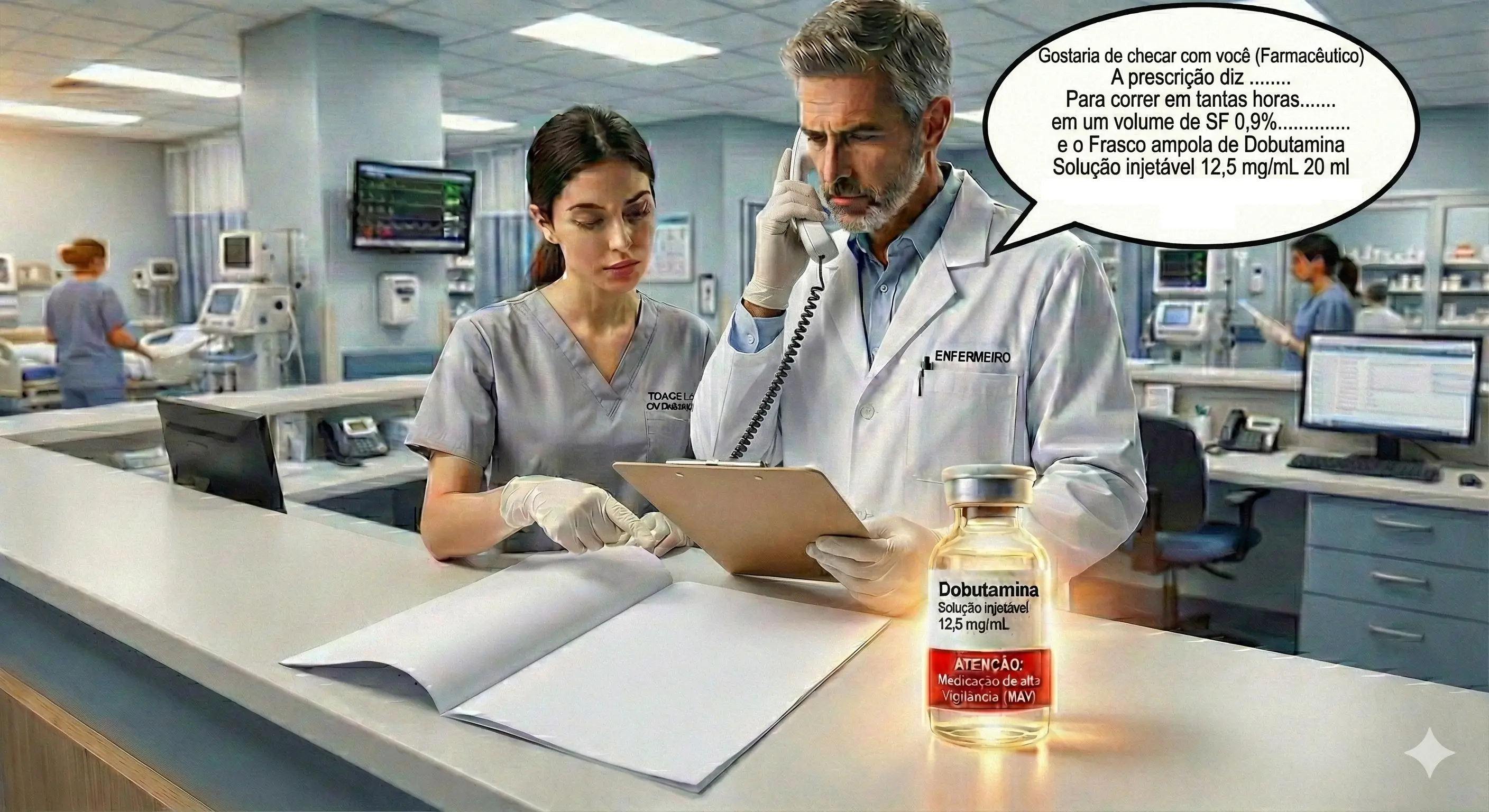 ENFERMEIRO CHECANDO INFORMAÇÕES REFERENTES AO MEDICAMENTO PRESCRITO COM O FARMACEUTICO CLÍNICO